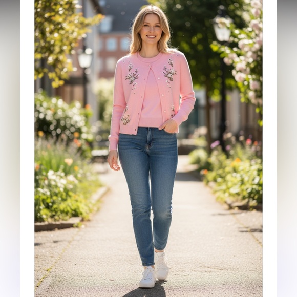 NWT Hill House Audrey Wool Floral Embroidery Cardigan & Top- Matching Set Sz M - Picture 2 of 16